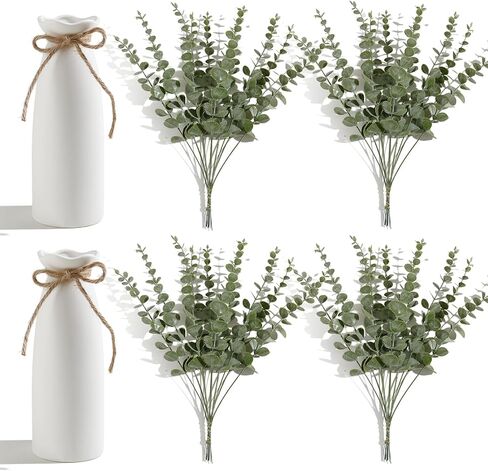 19" Fake Plants with Vase,40 Faux Eucalyptus Stems 2 White Ceramic Vases Realistic Artificial Plants indoor Artificial Greenery Stems in Vases for Centerpieces Bathroom Bedroom Modern Farmhouse Decor in Saudi Arabia