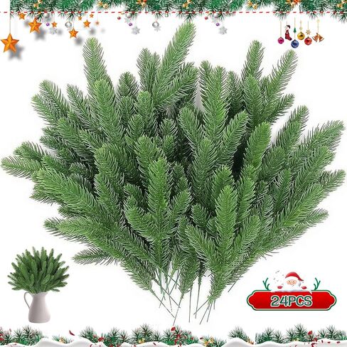 24PCS Artificial Pine Needle, Branches Stem Fake Plants, Wreath for Christmas DIY Accessories Home Holiday and Seasonal Display, Green in Saudi Arabia
