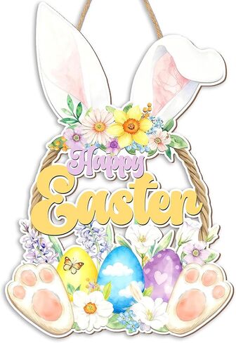 Happy Easter Decoration Door Wreath for Front Door Rabbit Spring Decoration, Hollow Bunny Sign Watercolor Flower Egg Welcome Hanging for Home Wall Decor Easter Party Supplies and Favor-A01 in Saudi Arabia
