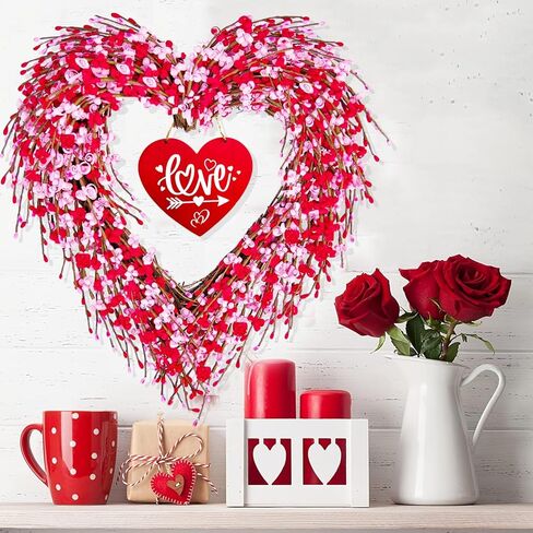 Valentines Day Wreath, 17in Valentines Wreaths for Front Door Outside, Valentine’s Day Heart Wreath Decorations Décor Outdoor Indoor with Red and Pink Forsythia Heart-Shaped Wooden Sign in Kuwait