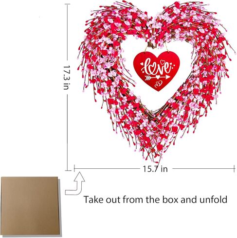 Valentines Day Wreath, 17in Valentines Wreaths for Front Door Outside, Valentine’s Day Heart Wreath Decorations Décor Outdoor Indoor with Red and Pink Forsythia Heart-Shaped Wooden Sign in Kuwait