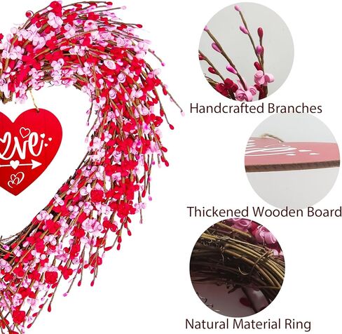 Valentines Day Wreath, 17in Valentines Wreaths for Front Door Outside, Valentine’s Day Heart Wreath Decorations Décor Outdoor Indoor with Red and Pink Forsythia Heart-Shaped Wooden Sign in Kuwait