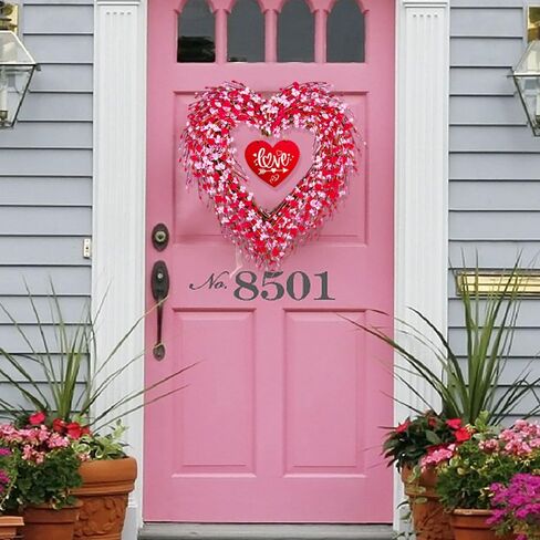 Valentines Day Wreath, 17in Valentines Wreaths for Front Door Outside, Valentine’s Day Heart Wreath Decorations Décor Outdoor Indoor with Red and Pink Forsythia Heart-Shaped Wooden Sign in Kuwait