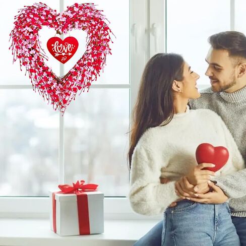 Valentines Day Wreath, 17in Valentines Wreaths for Front Door Outside, Valentine’s Day Heart Wreath Decorations Décor Outdoor Indoor with Red and Pink Forsythia Heart-Shaped Wooden Sign in Kuwait