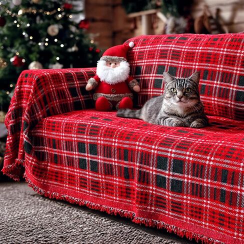 Christmas Couch Cover 71"x 118"Green and Red Plaid Sofa Covers for 3 Cushion Couch Covers with Tassel Farmhouse Protector for Christmas Decorations Sofa Throw Cover in Saudi Arabia