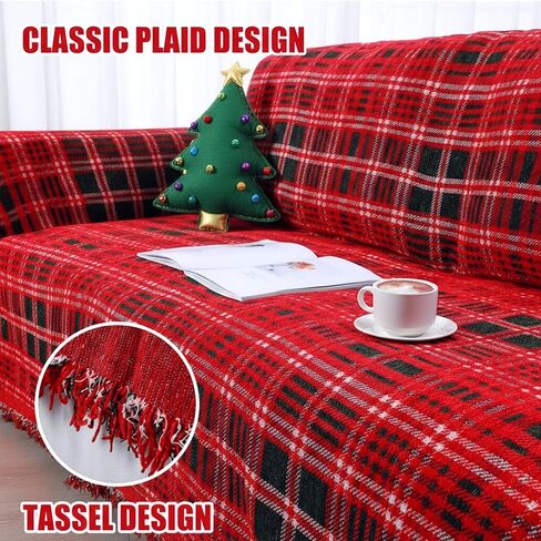 Christmas Couch Cover 71"x 118"Green and Red Plaid Sofa Covers for 3 Cushion Couch Covers with Tassel Farmhouse Protector for Christmas Decorations Sofa Throw Cover in Saudi Arabia