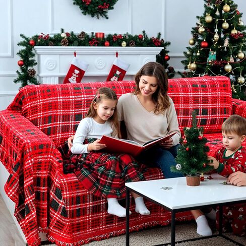 Christmas Couch Cover 71"x 118"Green and Red Plaid Sofa Covers for 3 Cushion Couch Covers with Tassel Farmhouse Protector for Christmas Decorations Sofa Throw Cover in Saudi Arabia
