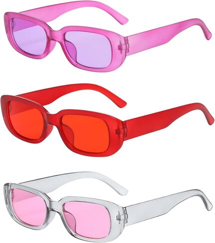 YAMIL'S Rectangle Sunglasses for Women Retro 90’s Vintage Fashion Narrow Square Frame UV400 Protection Pack of 3, Matte Purple,Matte Red,Gray Frame Pink in Saudi Arabia