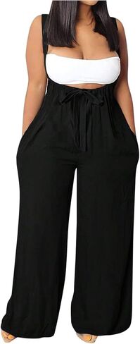 OYOANGLE Women's Plus Size Sleeveless Tie Front Wide Leg Long Pants Jumpsuits Baggy Overalls with Pockets in Saudi Arabia