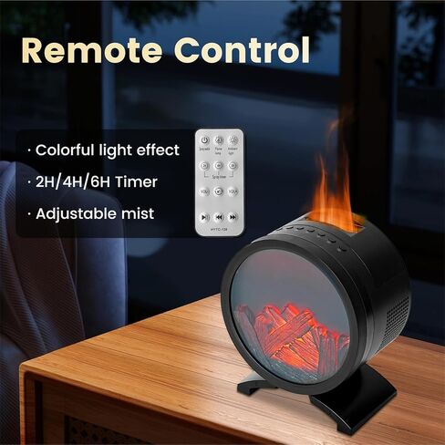 موزع هواء لهب مدفأة مستديرة سعة 260 مل ومرطب للزيوت العطرية مع جهاز تحكم عن بعد، قابس لغرفة النوم والمنزل (أسود) in Kuwait