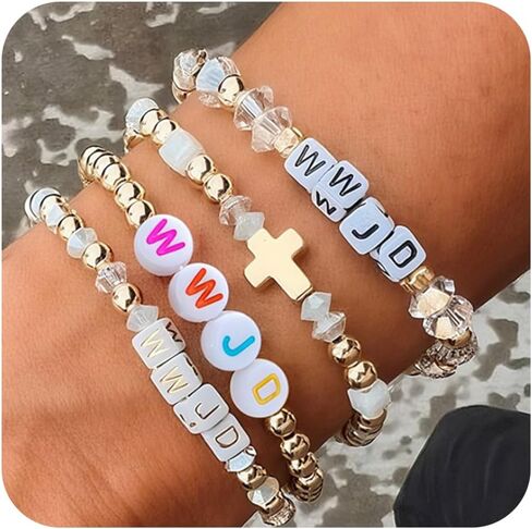 WWJD الصليب مطلية بالذهب مطرز كومة أساور مجموعات للنساء، سحر البوهيمي تكويم كريستال الخرز سوار السائبة يسوع شفاء الملحقات تمتد الهدايا العصرية in Saudi Arabia
