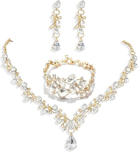 Wedding Jewelry Sets for Brides Gold Green Crystal Rhinestone Bracelet Necklace Earrings Set Sparkling Crystal Zircon Elegant Jewelry Olive Green Wedding Guest Dress Accessories in Kuwait