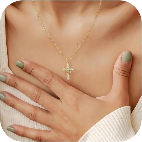Crown Cross Necklace & Earring Set for Women, Titanium Steel Gold & Silver Cross Pendant Jewelry, Dainty Pearl Crucifix Necklace for Women, Gift Boxed in Saudi Arabia