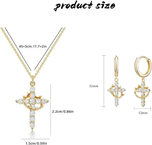 Crown Cross Necklace & Earring Set for Women, Titanium Steel Gold & Silver Cross Pendant Jewelry, Dainty Pearl Crucifix Necklace for Women, Gift Boxed in Saudi Arabia