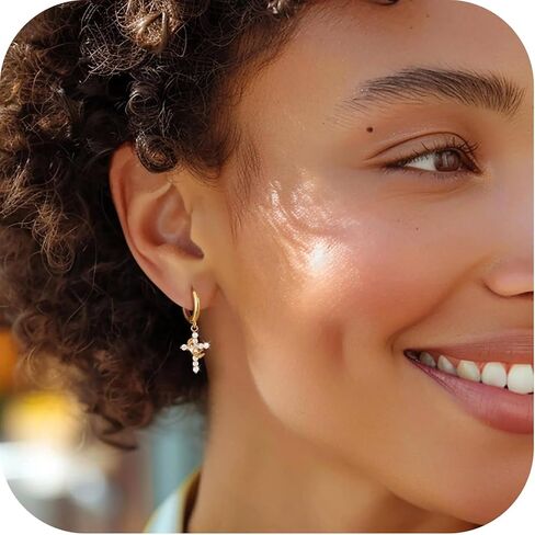 Crown Cross Necklace & Earring Set for Women, Titanium Steel Gold & Silver Cross Pendant Jewelry, Dainty Pearl Crucifix Necklace for Women, Gift Boxed in Saudi Arabia