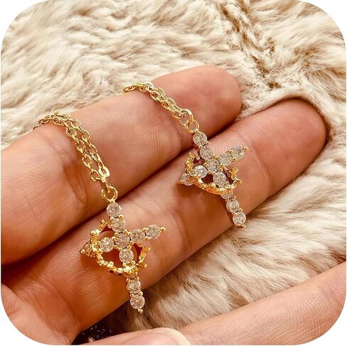Crown Cross Necklace & Earring Set for Women, Titanium Steel Gold & Silver Cross Pendant Jewelry, Dainty Pearl Crucifix Necklace for Women, Gift Boxed in Saudi Arabia