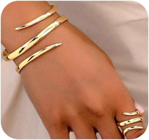 Chunky Gold Snake Bracelet Ring Set for Women,Minimalist Wide Line Wrist Cuff Statement Opening Bracelet,Trendy Party Banquet Jewelry Accessories Gifts in Saudi Arabia