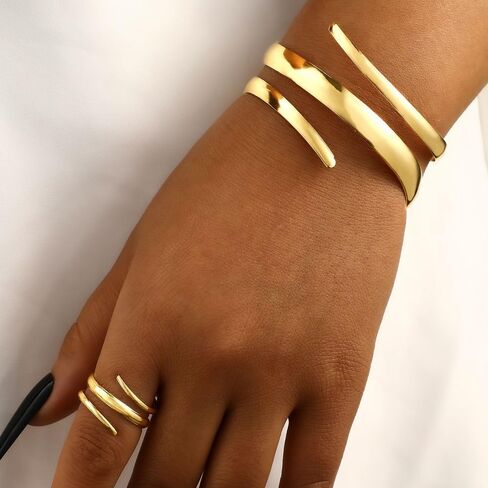Chunky Gold Snake Bracelet Ring Set for Women,Minimalist Wide Line Wrist Cuff Statement Opening Bracelet,Trendy Party Banquet Jewelry Accessories Gifts in Saudi Arabia