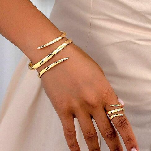 Chunky Gold Snake Bracelet Ring Set for Women,Minimalist Wide Line Wrist Cuff Statement Opening Bracelet,Trendy Party Banquet Jewelry Accessories Gifts in Saudi Arabia