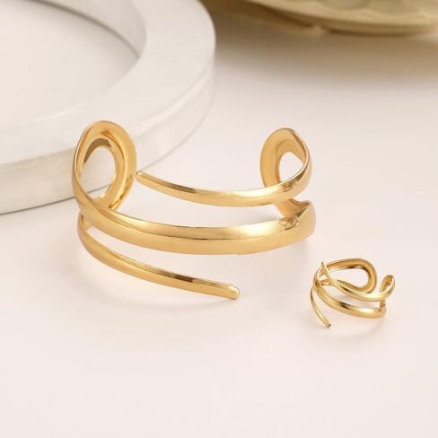 Chunky Gold Snake Bracelet Ring Set for Women,Minimalist Wide Line Wrist Cuff Statement Opening Bracelet,Trendy Party Banquet Jewelry Accessories Gifts in Saudi Arabia