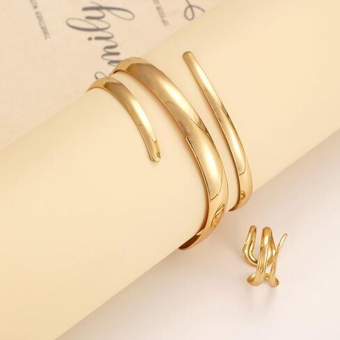 Chunky Gold Snake Bracelet Ring Set for Women,Minimalist Wide Line Wrist Cuff Statement Opening Bracelet,Trendy Party Banquet Jewelry Accessories Gifts in Saudi Arabia