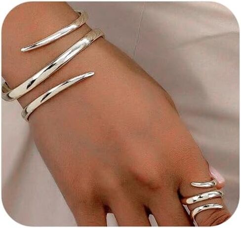 Chunky Gold Snake Bracelet Ring Set for Women,Minimalist Wide Line Wrist Cuff Statement Opening Bracelet,Trendy Party Banquet Jewelry Accessories Gifts in Saudi Arabia