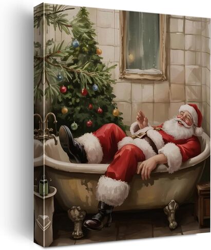 Vintage Santa Christmas Bathroom Wall Art Funny Santa in Bathtub Print Whimsical Christmas Bathroom Pictures Wall Decor Canvas Poster Xmas Toilet Decoration Artwork Gift, Framed 8x10 Inch in Saudi Arabia