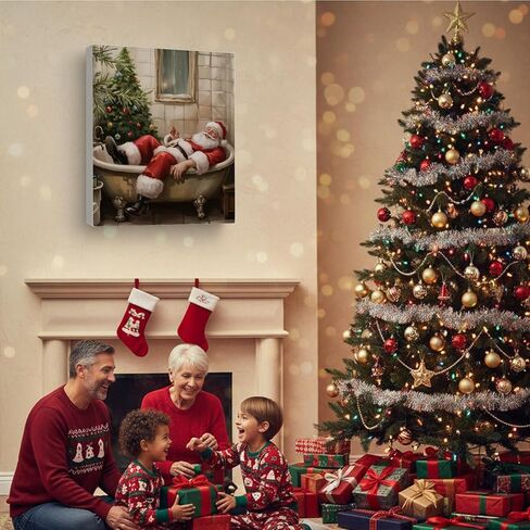 Vintage Santa Christmas Bathroom Wall Art Funny Santa in Bathtub Print Whimsical Christmas Bathroom Pictures Wall Decor Canvas Poster Xmas Toilet Decoration Artwork Gift, Framed 8x10 Inch in Saudi Arabia