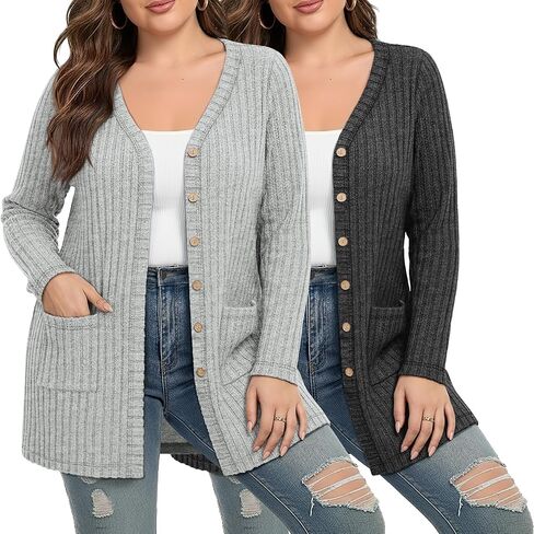Huukeay 2 Pack المرأة حجم كبير سترة مفتوحة الجبهة طويلة الأكمام زر أسفل متماسكة معطف سترة عادية مع جيوب in Saudi Arabia