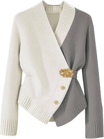 Verdusa Women's Old Money Tie Waist Wrap Cardigan Sweaters Colorblock Elegant Knit Outerwear in Saudi Arabia