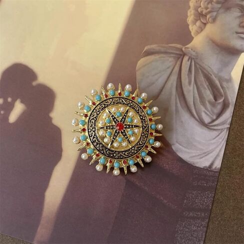 Vintage CZ Crystal Star Disc Brooch Pin Bohemian Minimalist Metal Imitated Pearl Turquoise Round Shaped Collar Lapel Badge For Women Sweater Shawl Dress Scarf Costume Accessory Christmas Jewelry Gift in Saudi Arabia