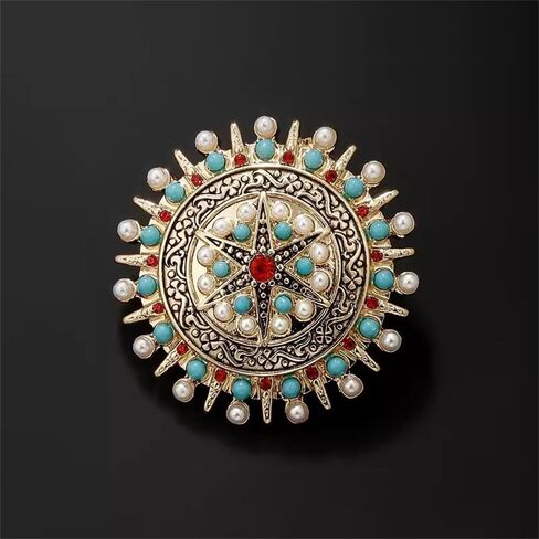 Vintage CZ Crystal Star Disc Brooch Pin Bohemian Minimalist Metal Imitated Pearl Turquoise Round Shaped Collar Lapel Badge For Women Sweater Shawl Dress Scarf Costume Accessory Christmas Jewelry Gift in Saudi Arabia
