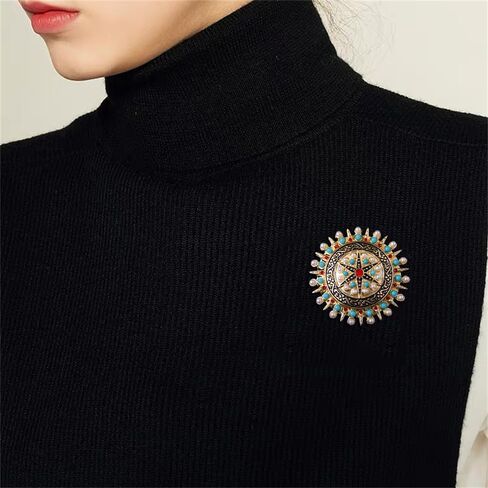 Vintage CZ Crystal Star Disc Brooch Pin Bohemian Minimalist Metal Imitated Pearl Turquoise Round Shaped Collar Lapel Badge For Women Sweater Shawl Dress Scarf Costume Accessory Christmas Jewelry Gift in Saudi Arabia