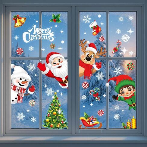 9Pcs Christmas Window Stickers, Double-Side Glass Decals Snowflake Xmas Santa Claus Elk Bells Christmas Tree Decals Window Clings for Shop Office School Supplies Party Reusable in Saudi Arabia