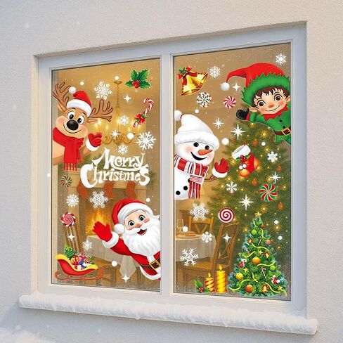 9Pcs Christmas Window Stickers, Double-Side Glass Decals Snowflake Xmas Santa Claus Elk Bells Christmas Tree Decals Window Clings for Shop Office School Supplies Party Reusable in Saudi Arabia