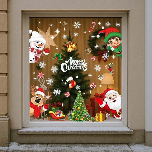 9Pcs Christmas Window Stickers, Double-Side Glass Decals Snowflake Xmas Santa Claus Elk Bells Christmas Tree Decals Window Clings for Shop Office School Supplies Party Reusable in Saudi Arabia