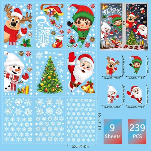 9Pcs Christmas Window Stickers, Double-Side Glass Decals Snowflake Xmas Santa Claus Elk Bells Christmas Tree Decals Window Clings for Shop Office School Supplies Party Reusable in Saudi Arabia
