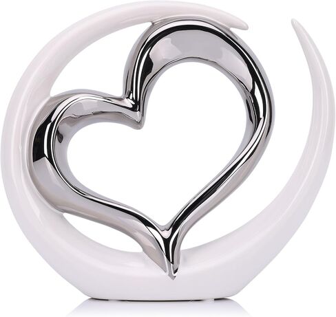 White and Silver Home Decor Porcelain Heart Decor - for Living Room Entryway Coffee Dining Table Shelves, Wedding, Valentine's Gift for Couples & Lovers, Heart Sculpture Art in Saudi Arabia