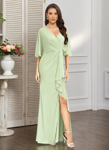 Mermaid Chiffon Bridesmaid Dresses with Silt for Wedding 1/2 Sleeves V Neck Empire Waist Formal Evening Party Gowns in Saudi Arabia