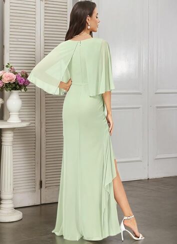 Mermaid Chiffon Bridesmaid Dresses with Silt for Wedding 1/2 Sleeves V Neck Empire Waist Formal Evening Party Gowns in Saudi Arabia