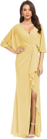 Mermaid Chiffon Bridesmaid Dresses with Silt for Wedding 1/2 Sleeves V Neck Empire Waist Formal Evening Party Gowns in Saudi Arabia