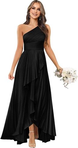 فساتين وصيفة العروس من الساتان بكتف واحد للنساء، فساتين حفلات سهرة رسمية طويلة بطيات in Kuwait