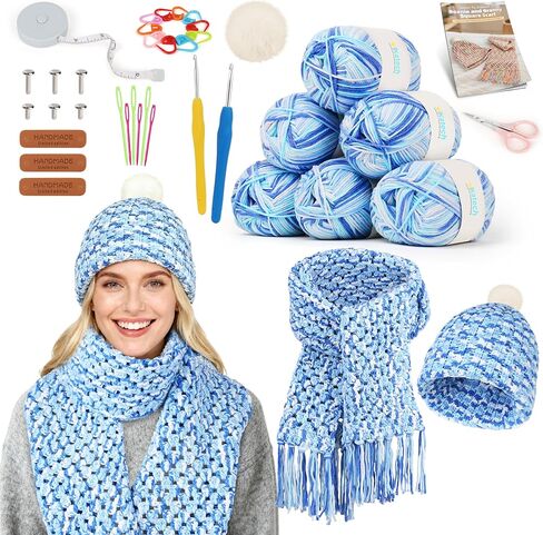 Katech Crochet Kit for Beginners-Crochet Kit للبالغين والأطفال يتعلمون قبعة Beanie Crochet Granny Square ، مجموعة كاملة لممارسة وشاح مع تعليمات خطوة بخطوة 8 مزيج من خيوط Lightblue in Kuwait