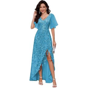 Women's Sparkly Glitter Dress Ruffles Sleeves V-Neck Ruffles Sleeves Floor Length Formal Evening Dress in Saudi Arabia