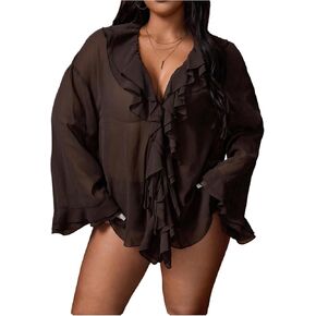 GORGLITTER Women's Plus Size Bell Sleeve Tie Front Top Ruffle Mesh Sheer Going Out Blouse in Saudi Arabia