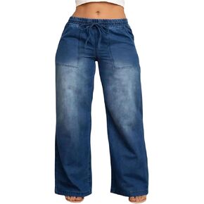 WDIRARA Women's Plus Size Drawstring Waist Jeans Wide Leg Baggy Denim Pants Dark Wash 4X-Large Plus in Kuwait