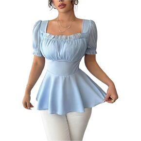 بلوزة نسائية أنيقة من Floerns بأكمام منتفخة ومكشكشة وكشكشة أنيقة كاجوال من Peplum in Saudi Arabia