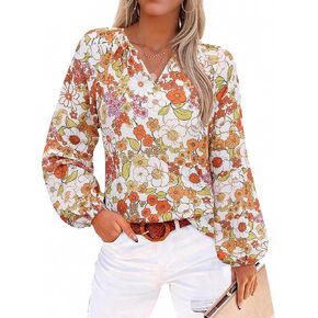 siliteelon Womens Long Sleeve Blouses: Floral Puff Long Sleeve V Neck Dressy Casual Business Work Office Tops Trendy Elegant in Kuwait