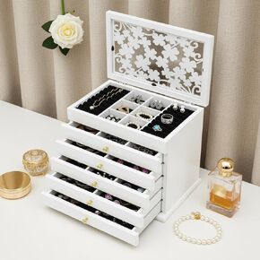 منظم صندوق مجوهرات مكون من 6 طبقات مع أدراج قابلة للسحب بالكامل، حقيبة تخزين مجوهرات خشبية منحوتة ذات سعة كبيرة للأقراط والقلائد والخواتم - أبيض in Kuwait