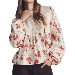 Women Long Sleeve Lace Poplin Blouse Crew Neck Lace Flared Mesh Swing Tops Loose Babydoll Shirt in Kuwait